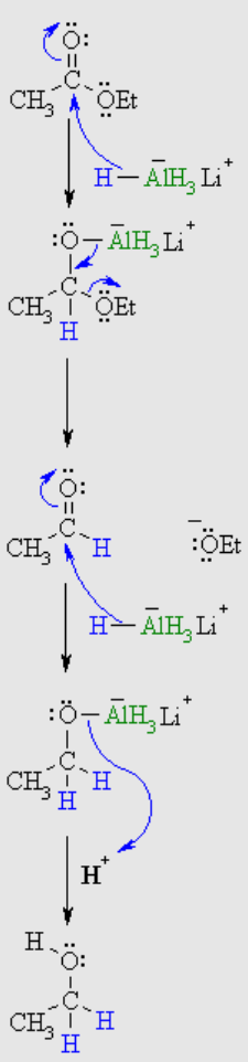 <p>H-AlH<sub>3</sub>Li<sup>+</sup> = H<sup>-</sup></p><p>OEt = OH</p><p>CH<sub>3</sub> = R</p>