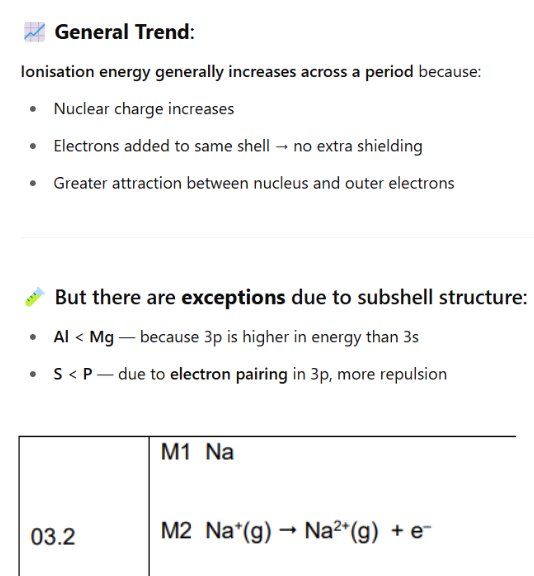 <p>ionisation energy = removing electrons (so more postive) </p><ul><li><p>remeber 2nd ionistion energy so write first ionisation energy and then 2nd </p></li><li><p>NA— NA+ +e-</p></li><li><p>Na—- Na2+ + e-</p></li></ul><p></p>