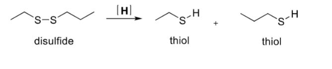 <ul><li><p>[H]</p></li><li><p>an H atom is added to each sulfur to create -SH groups</p></li><li><p>disulfides will reduce to thiols</p></li><li><p>2 products</p></li></ul>