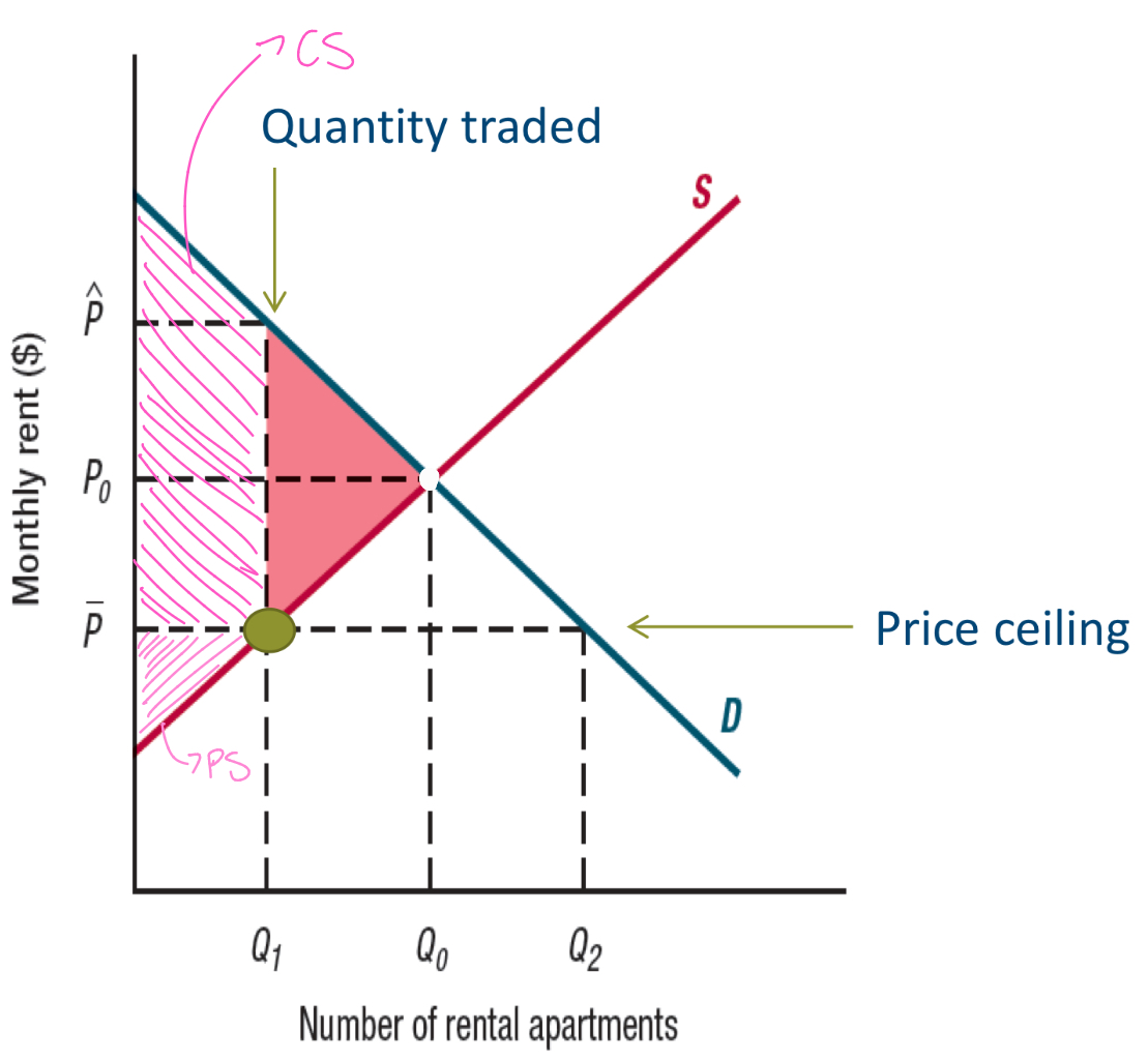 <p>If the government imposes a price ceiling on apartment rents equal to P (upper dash), the number of available (so rented) apartments falls from Q0 to Q1</p><p>—> The resulting DWL is the red-shaded area</p>