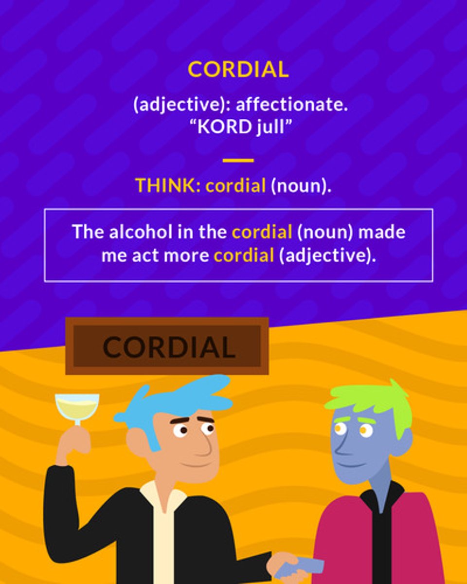 <p>(adj.) warm and friendly</p><p>(adj.) affectionate</p>