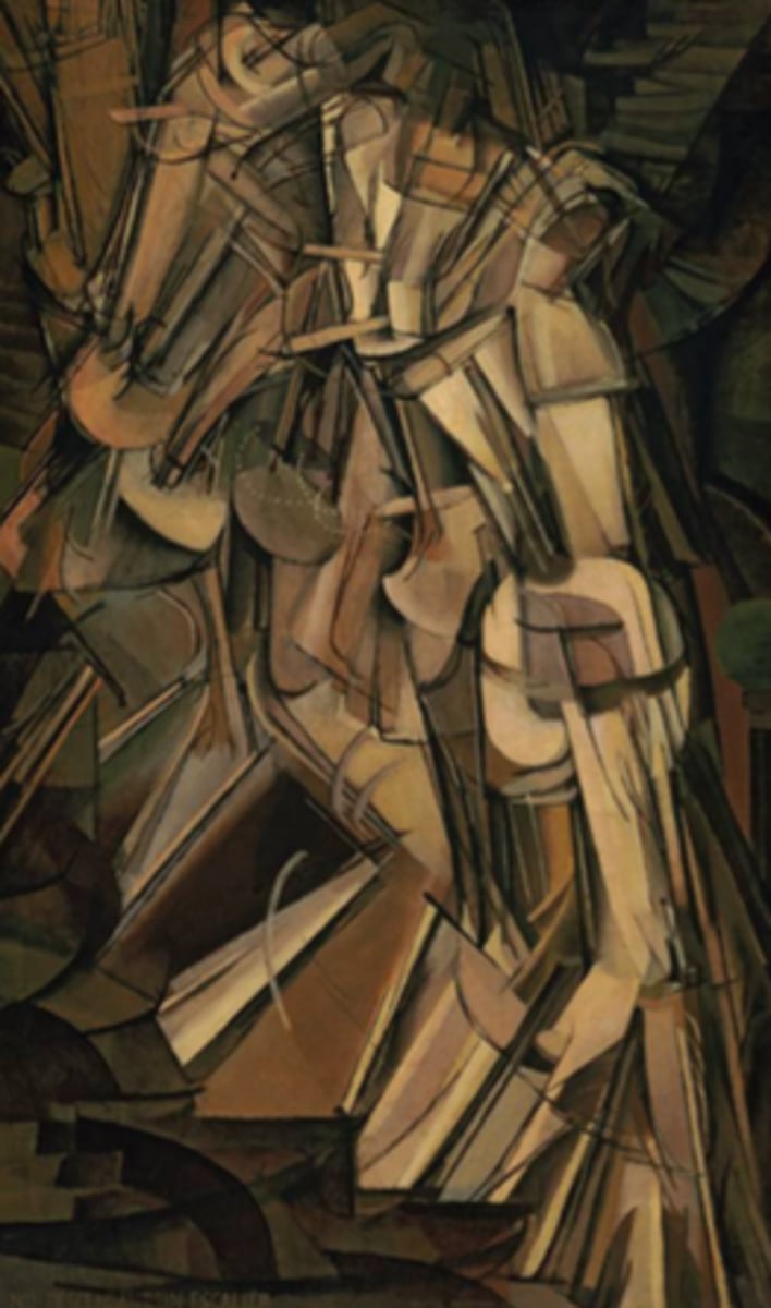 <p>– Marcel Duchamp, 1912(Naakt dat een trap afdaalt nr. 2)</p><p>Korte uitleg:</p><p>Een iconisch schilderij waarin Duchamp beweging en tijd uitdrukt in een stil beeld: een naakt figuur daalt een trap af in opeenvolgende fasen.</p><p>Kenmerken:</p><p>Combinatie van kubisme en futurisme</p><p>Geometrische vormen, bruintinten</p><p>Vloeiende herhaling van vormen → gevoel van beweging</p><p>Geïnspireerd door fotografie (zoals chronofotografie van Étienne-Jules Marey)</p><p>Abstract, haast mechanisch figuur</p><p>Werd geweigerd door de kubisten vanwege de titel en onderwerpkeuze</p>