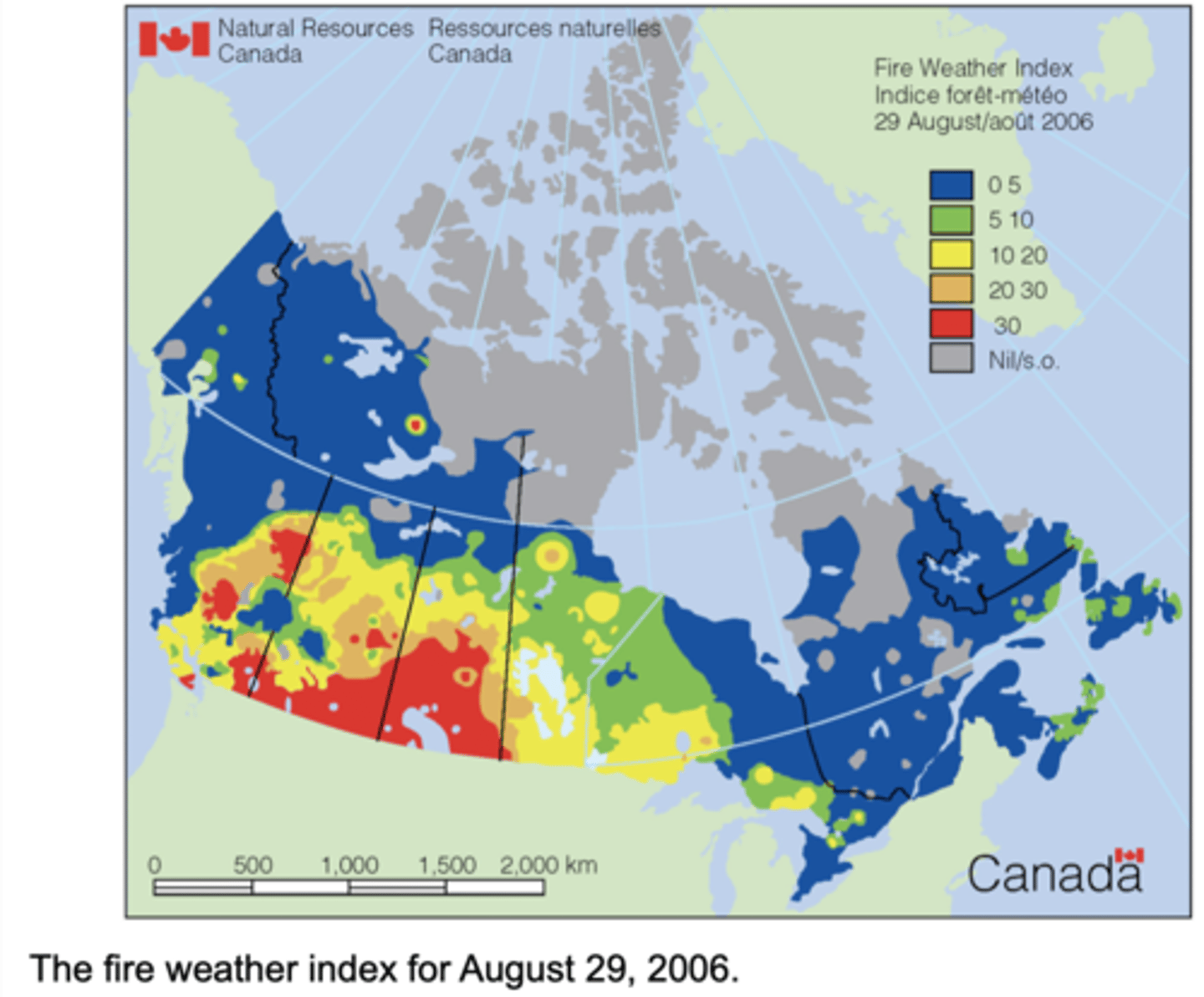 <p>Indicates fire intensity by combining the rate of fire spread with the amount of fuel being consumed<br><br>... calculated using the Canadian Forest Service Fire Weather Index Rating System (FWI)<br><br>The higher the FWI, the more favourable the conditions to trigger a wildfire</p>