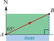 <p>eddie camped overnight at point A beside a river that ran eas-west. he walked on a bearing of 065° for 18km to point B.</p><p>a) what angle did his direction make with the river?</p><p>b) what is the shortest distance from B to the river, correct to two decimal places?</p>