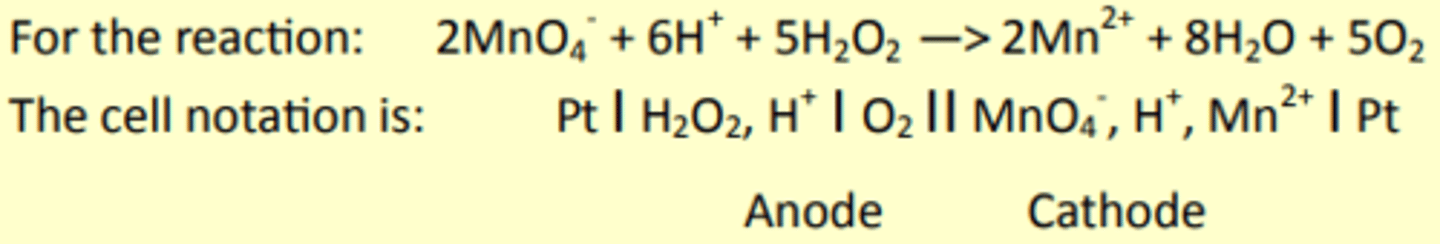 <p>The reduction electrode is written on the RHS, phase boundaries are shown with a line, whilst the salt bridge is a double line in the middle.<br>Platinum electrodes are needed if there is no solid metal in the half-eqn.</p>