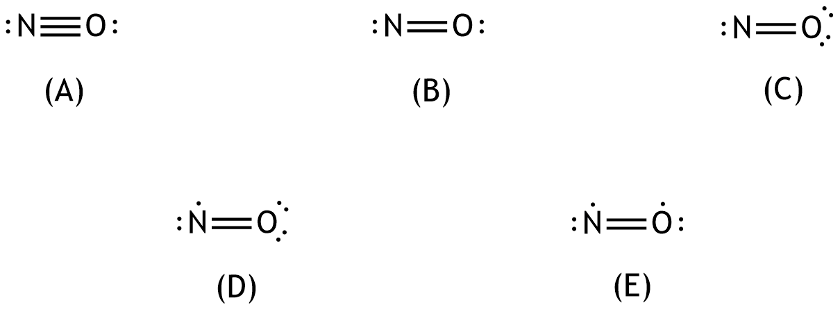<p>53. Nitric oxide is an important signaling molecule in the body that, among other effects, causes vasodilation.</p><p>Which of the following structures represents a (Lewis) formula for the bonding structure of nitric oxide with the correct number of electrons?</p><p>A. (A)</p><p>B. (B)</p><p>C. (C)</p><p>D. (D)</p><p>E. (E)</p>