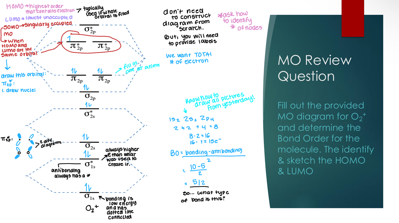<p><span style="color: rgb(250, 242, 242);">Fill out the provided MO diagram for O2+ and determine the</span><span style="color: rgb(250, 242, 242);"><br></span><span style="color: rgb(250, 242, 242);">Bond Order for the molecule. The identify &amp; sketch the HOMO &amp; LUMO</span></p><p><span style="color: rgb(250, 242, 242);">NOTE: </span></p><p><span style="color: rgb(250, 242, 242);"><strong>HOMO- highest order that contains electrons,</strong></span></p><p><strong>LUMO - lowest unoccupied order</strong></p><p><strong>When these two are the same orbital it becomes SOMO:</strong></p><p><strong>A singularly occupied MO</strong></p>