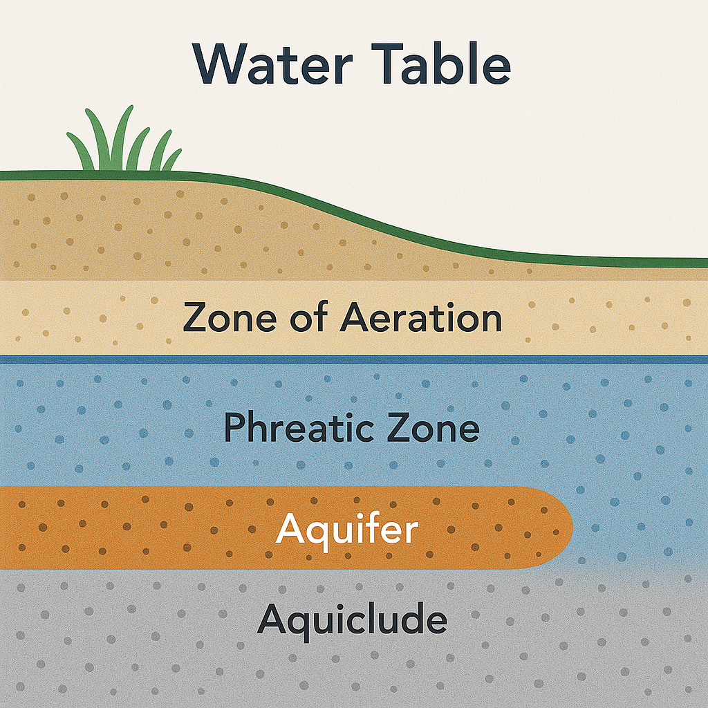 <p>underground surface areas beneath soil or rock which are saturated with water<br><br>upper level of saturated rock = phreatic zone <br>... rises and falls in response to groundwater flow, water abstraction and recharge<br><br>aeration zone = immediately below land surface<br><br>aquicludes = impermeable barriers</p><p></p><p></p>
