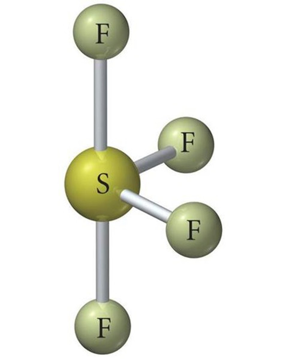 <p>&gt;120° and &gt;90°</p><p>AX₄E₁</p><p>(4 bonds, 1 lone electron pair)</p><p>asymmetrical</p><p>polar</p><p>SP³D</p>