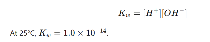 <p>Represented as Kw</p><p>Ion product of water is the product of the concentrations of hydrogen ions <span>H+</span> and hydroxide ions<span> OH−</span> in water, expressed as:</p><p>As the concentration of H+ increases the PH decreases</p>