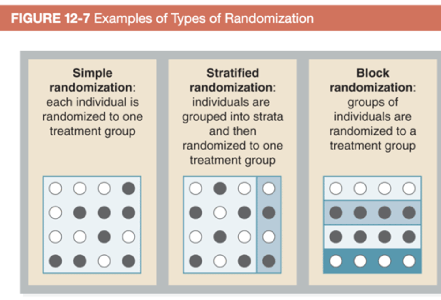 <p>Stratified</p><p>Stratified randomization is used when it is important for members of certain subpopulations to be distributed evenly across the treatment arms of a trial. For example, suppose that 75% of the volunteers for a study are female and only 25% are male. Stratified randomization can ensure that enough males are assigned to the intervention group. The list of female volunteers can be sorted into alphabetical order by last name, and then every other individual in the ordered list can be assigned to the active group. This same process can be repeated with the male volunteers. This stratified process will ensure that half of the females and half of the males are assigned to the intervention group.</p>