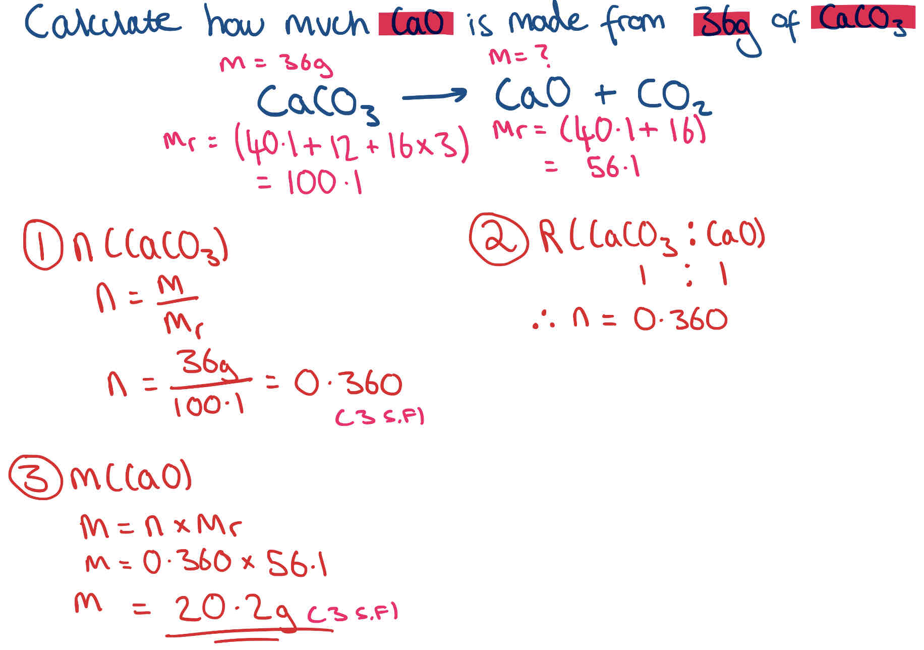 <p>The <strong>theoretical yield</strong> is the mass of product that <strong>could </strong>be made.</p><p>Steps to work out:</p><ol><li><p>Find Mr of both compounds (ignore num. in front as we will check ratio after)</p></li><li><p>no. of moles </p></li><li><p>Check ratio &amp; multiply or divide if necessary</p></li><li><p>mass</p></li></ol>