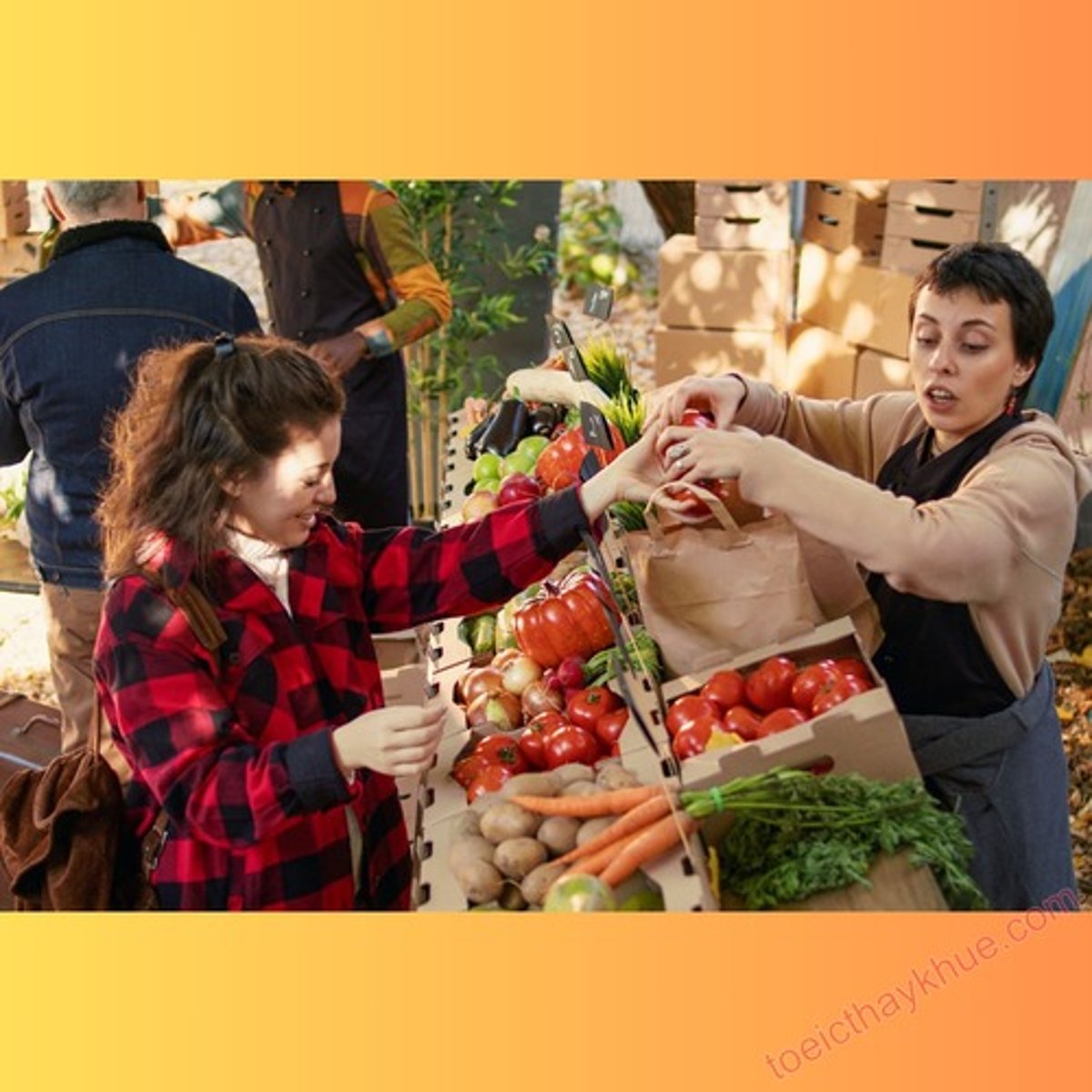 <p>Người bán hàng bán sản phẩm.</p>