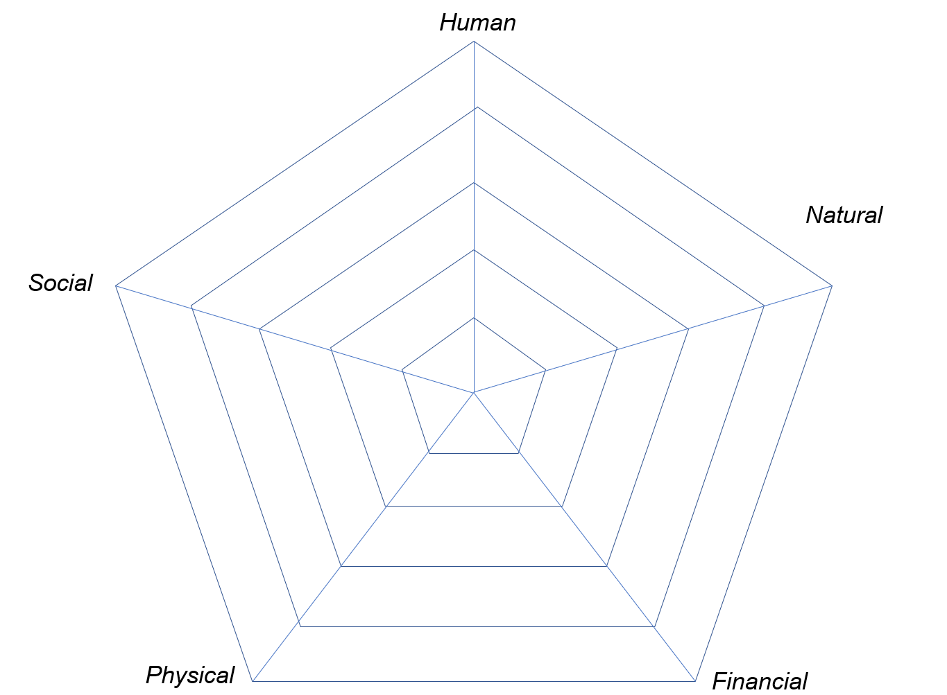<p>5 sides</p><ol><li><p>Human</p></li><li><p>Natural</p></li><li><p>Financial</p></li><li><p>Physical</p></li><li><p>Social</p></li></ol><p></p>