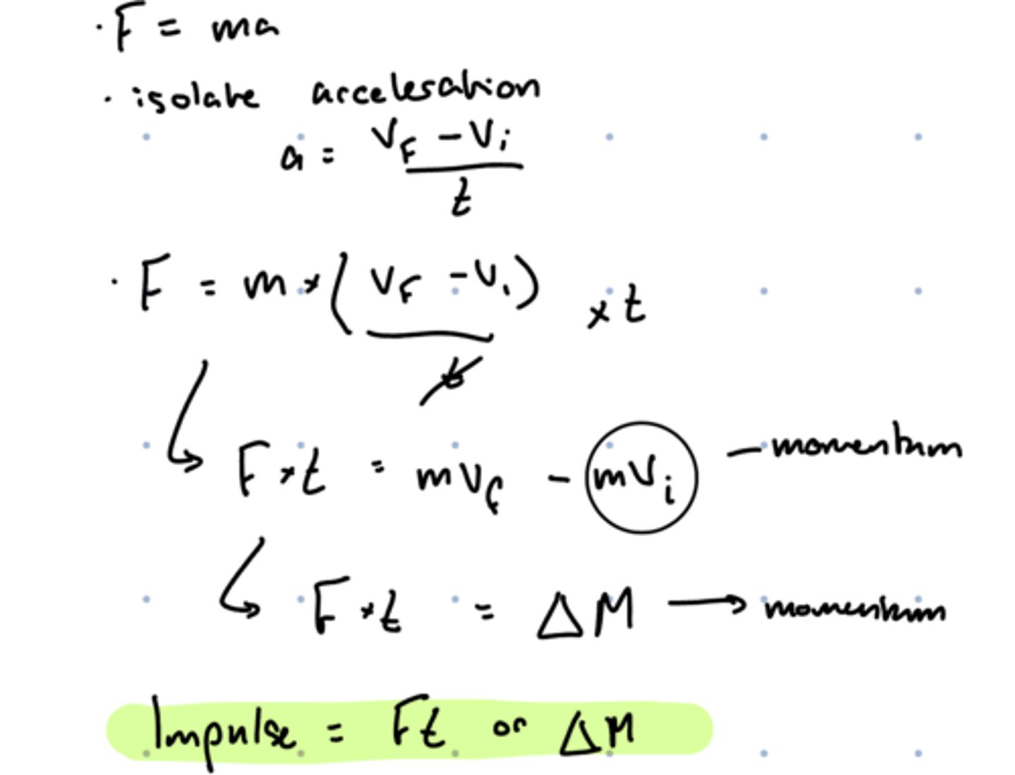 <p>change in momentum, or Ft (force x time)</p>