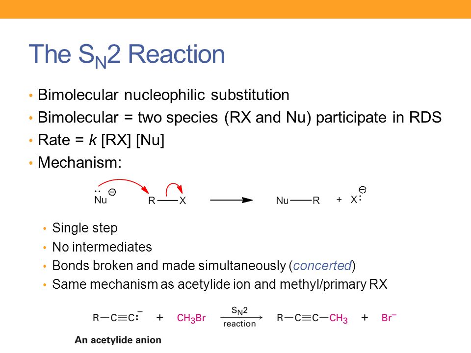 <p><span style="color: mediumseagreen"><strong>S<sub>N</sub>2&nbsp;Rate&nbsp;= k[substrate]<sup>1</sup>[nucleophile]<sup>1</sup></strong></span></p><p>&nbsp;</p><p>A <strong>second-order</strong> reaction</p>