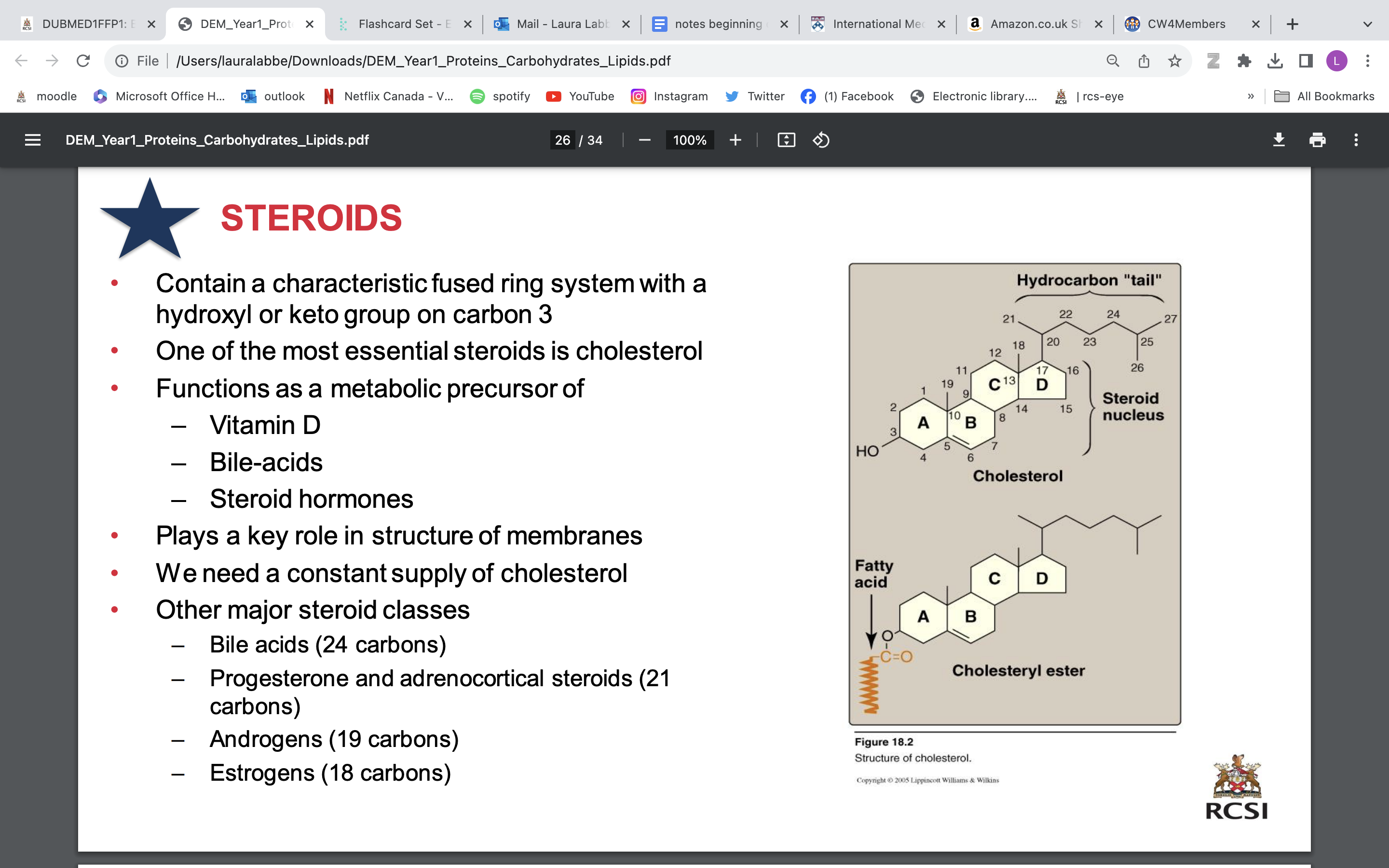 <p>• Contain a characteristic fused ring system with a hydroxyl or keto group on carbon 3</p><p>• One of the most essential steroids is cholesterol</p><p>• Functions as a metabolic precursor of</p><ul><li><p>Vitamin D</p></li><li><p>Bile-acids</p></li><li><p>Steroid hormones</p></li></ul><p><strong>• <span style="font-family: arial, sans-serif">plays role in structure of membrane </span></strong></p><p>• We need a constant supply of cholesterol</p><p>• Other major steroid classes</p><ul><li><p>Bile acids (24 carbons)</p></li><li><p>Progesterone and adrenocortical steroids (21 carbons)</p></li><li><p>Androgens (19 carbons)</p></li><li><p>Estrogens (18 carbons)</p></li></ul>