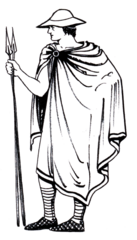 short, light rectangular cloak that was pinned at the right shoulder or below the throat. worn by young men, soldiers, and women