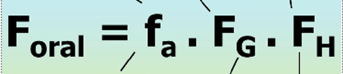 <p>F= fa Fg FH</p><p>oral bioavailability= (fraction of dose released and passes through gut) (fraction not metabolized in intestine) (fraction escaped metabolism in liver)</p>