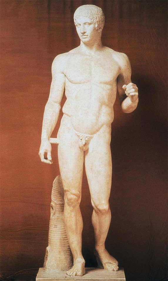 <p>Doryphoros of Polykleitos, 5th century BC, contrapposto pose, very similar features, marble, nude, idealized form of the body </p>