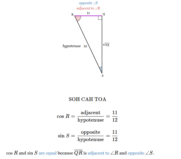 <p>Cos R = 11/12</p><p>Sin S = 11/12</p><p>Cos R and Sin S are equal  because QR is adjacent to <span>∠</span><em><span>R</span></em><span> and opposite to ∠</span><em><span>S</span></em><span> .</span></p>