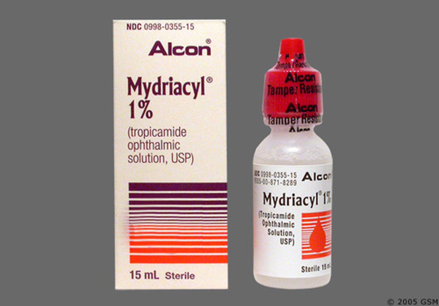 <p>-muscarinic antagonist eye drops</p><p>- mydriasis (pupil dilation), vasoconstriction</p>