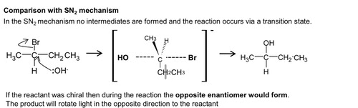 <p>★ start with one enantiomer, end up with the opposite enantiomer</p><p>[occurs in 1 step only]</p><p>1) nucleophile attack from the opposite side of the leaving group</p><p>2) only one single possible direction of attack, hence an enantiomer that rotates plane polarised light in the opposite direction is formed</p>