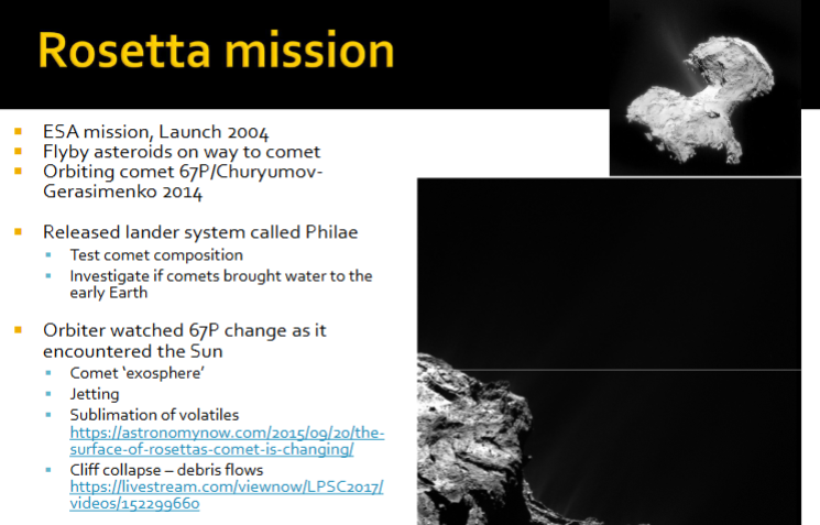 <p>Rosetta mission visiting 67P, looks like 2 parts colliding coming together. </p><p>Rosetta deployed a soft lander called Philae; land on surface, and clamp to surface. </p><p>Engineering fault - harpoons failed to deploy, landed sideways. </p>