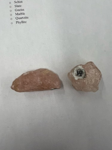 <ul><li><p>Light pink</p></li><li><p>Glassy</p></li><li><p>Hardness: 7</p></li></ul>