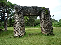 <p>A prehistoric monument consisting of a horizontal megalith resting on two upright ones</p>