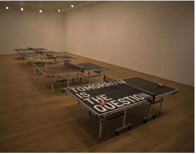 <p><span>Rirkrit Tiravanija</span> - 2019</p><p>after Julius Koller</p><p>relational aesthetic</p><p>installation of tennis tables</p><p>encouraged people to play table tennis with each other</p><p>continued the artistic idea (since he wasn’t the first to do it)</p>