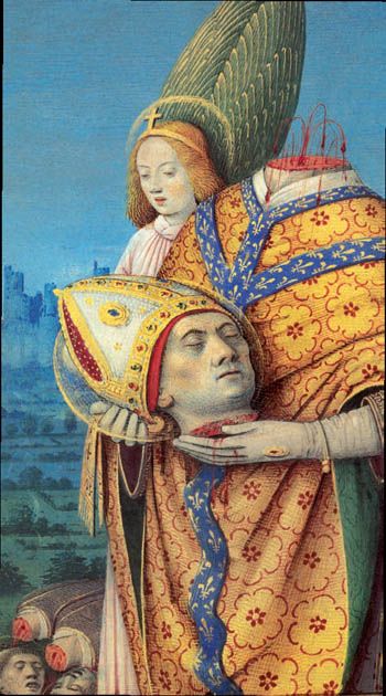 <p>Afgebeeld als bisschop met zijn onthoofde hoofd in zijn handen. </p>