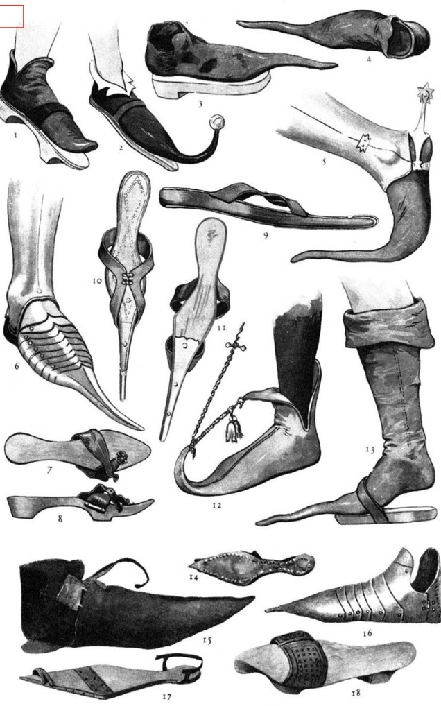 <p><span>unisex footwear with extremely long toes, sometimes long tips would be tied up </span></p>