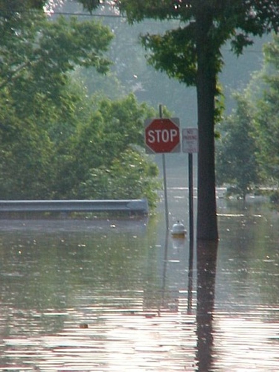 <p>When a river or stream overflows its banks.</p>
