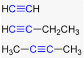 Koolwaterstoffen waarbij tussen twee koolstofatomen een drievoudige binding aanwezig is

Algemene formule: CnH2n-2