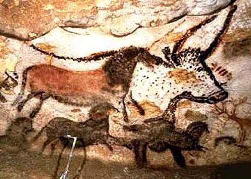 Charcoal drawings in a cave in Lascaux, France