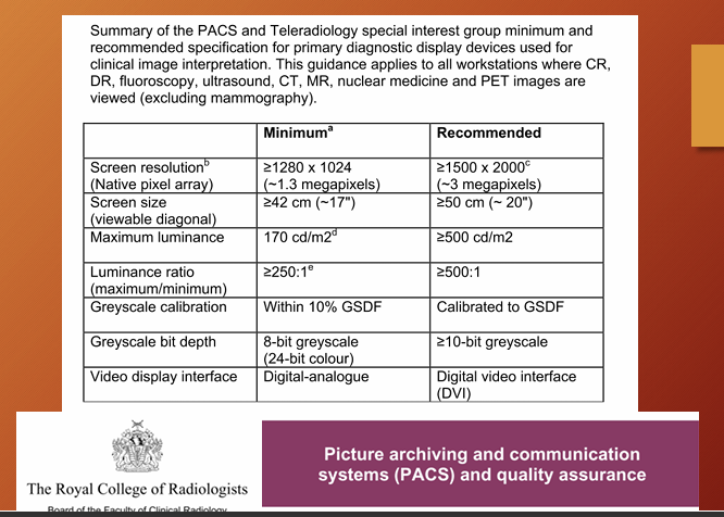 <p>resolution, contrast ratio, luminance  - PACS - guideline</p><p>DICOM - digital imaging and communication in medicine - about display devices</p>