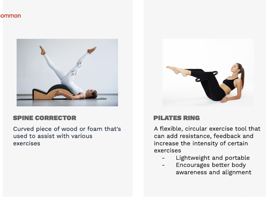 <p>Pilates Equipment: </p><ul><li><p>Spine Corrector </p><ul><li><p>Curved piece of wood or foam that is used ___ with various exercises</p></li></ul></li><li><p>Pilates Ring:</p><ul><li><p>The pilates ring is a flexible, circular exercise tool that can add what 3 things to exercise?</p></li><li><p>2 Benefits:</p></li></ul></li></ul><p></p><p></p>