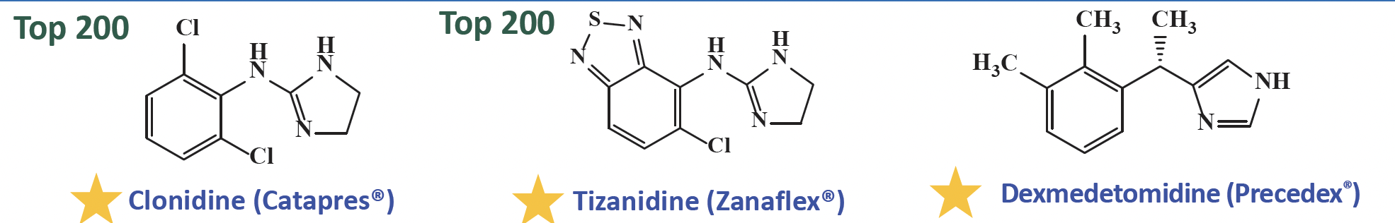 <p>Clonidin<strong>e (Beer’s List)</strong></p><ul><li><p>treat <strong>hypertension</strong></p></li><li><p>ER table—> ADHD</p></li><li><p>epidural solution—> post operative or cancer related pain = <strong>sedation effect </strong></p></li></ul><p>Tizanidine</p><ul><li><p>muscle spasticity associated with multiple sclerosis and spinal cord injury</p></li><li><p>DDI: CYP 1A2 inhibitor</p></li></ul><p>Dexmedetomidine</p><ul><li><p>adjunct to general anesthesia and for sedation in intubated patients in ICU unites</p></li><li><p>reduce agitation in biplor disorder and schizophrenia</p></li></ul><p>Adverse Effect</p><ul><li><p>drowsiness, confusion, fatigue</p></li><li><p>do not use with other CNS depressants</p></li><li><p>avoid sudden withdrawal of these agenst due to the risk of developing CNS adverse effects plus a rapid rise in catocholamines levels and in blood pressure</p></li></ul><p></p>