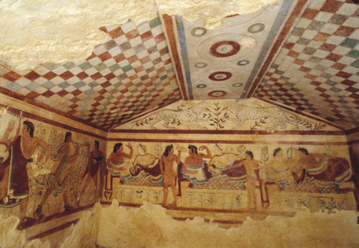 <p>Tarquinia; Etruscan; 480-470 BCE</p><p>Estruscan elites adopt greek symposium to their culture and include females; more of a banquet that includes drinking.</p>