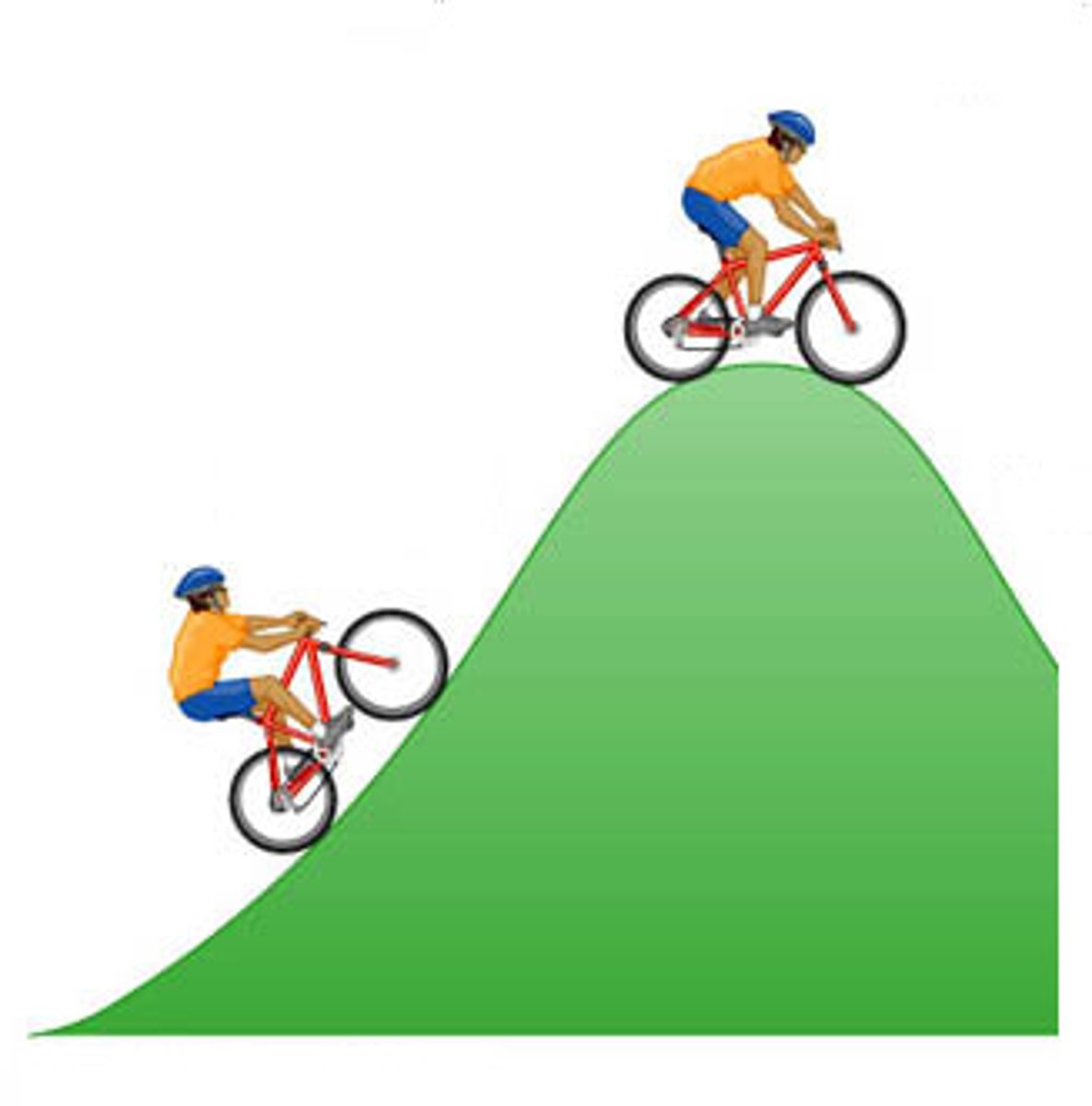 <p>the weight of the cyclist and bicycle have an effect that acts downhill as well as down on the road</p>