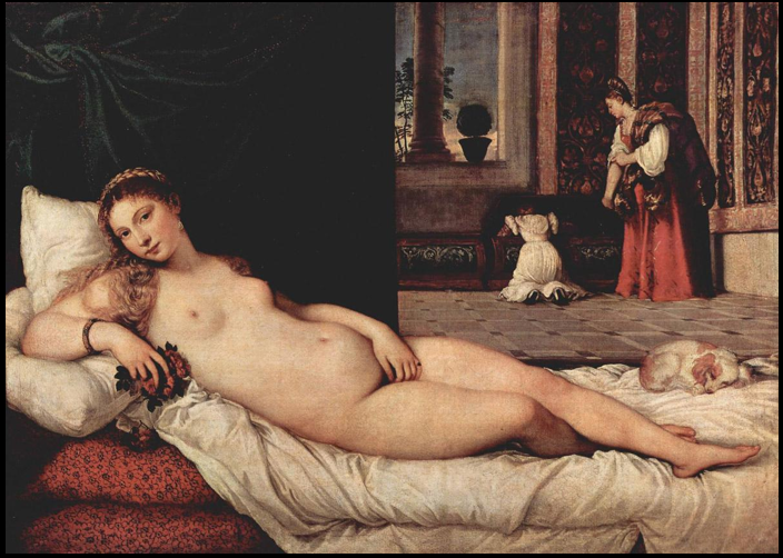 <p>Titian,&nbsp;Venus of Urbino, 1538, oil on canvas, 119.20 x 165.50 cm (Galleria degli Uffizi, Florence)</p><p></p><p>What are the piece’s form, function, content, and context?</p>