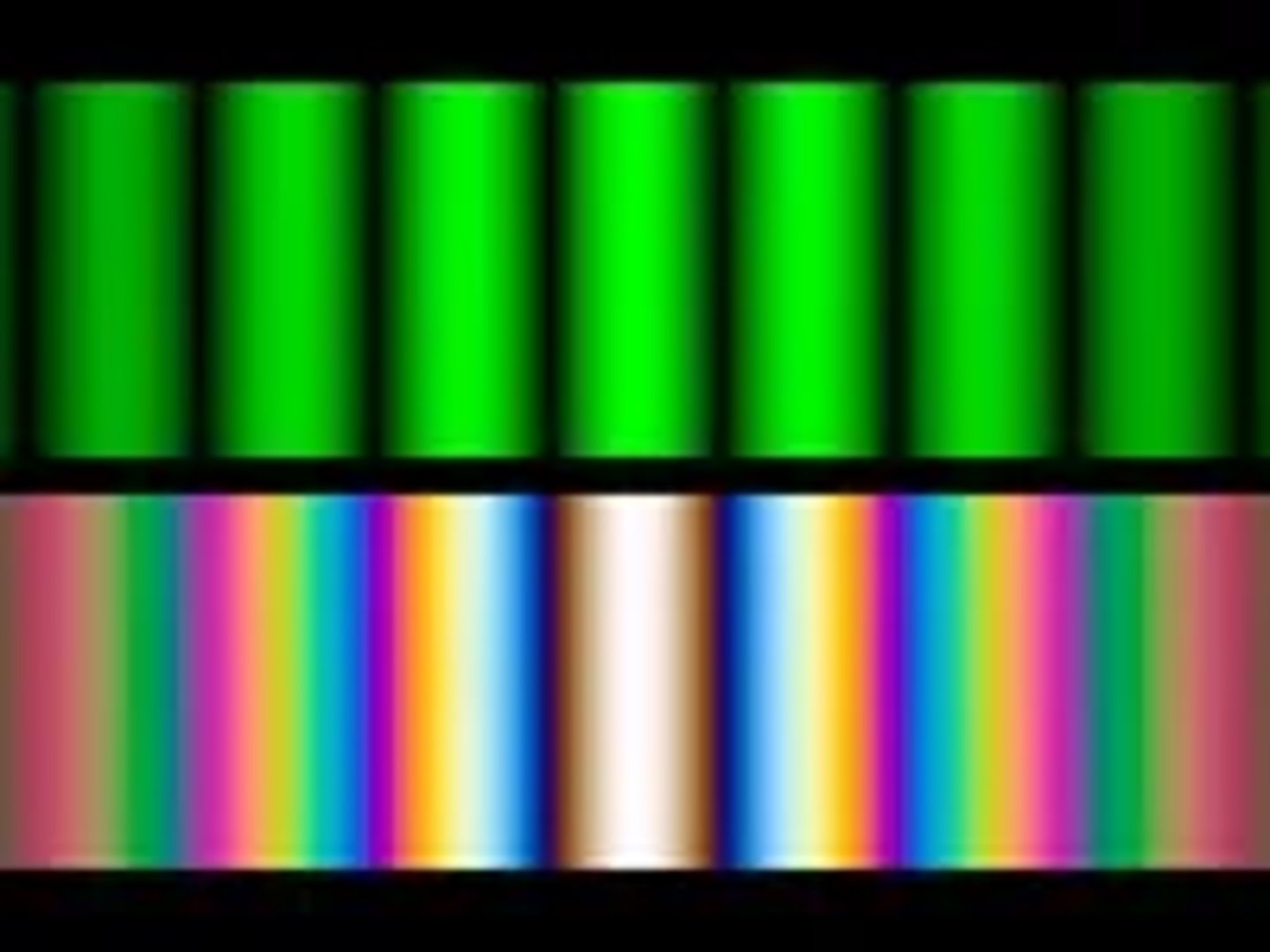 <p>- The top pattern is when using monochromatic light.</p><p>- The bottom pattern is when using white light.</p>