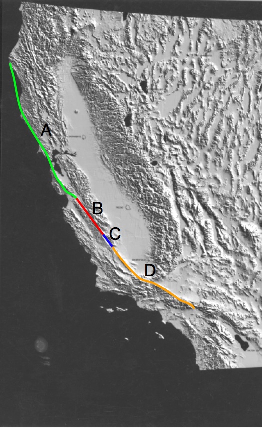 Look at the map below and identify the different segments of the San Andreas fault. Which fault segment is creeping?