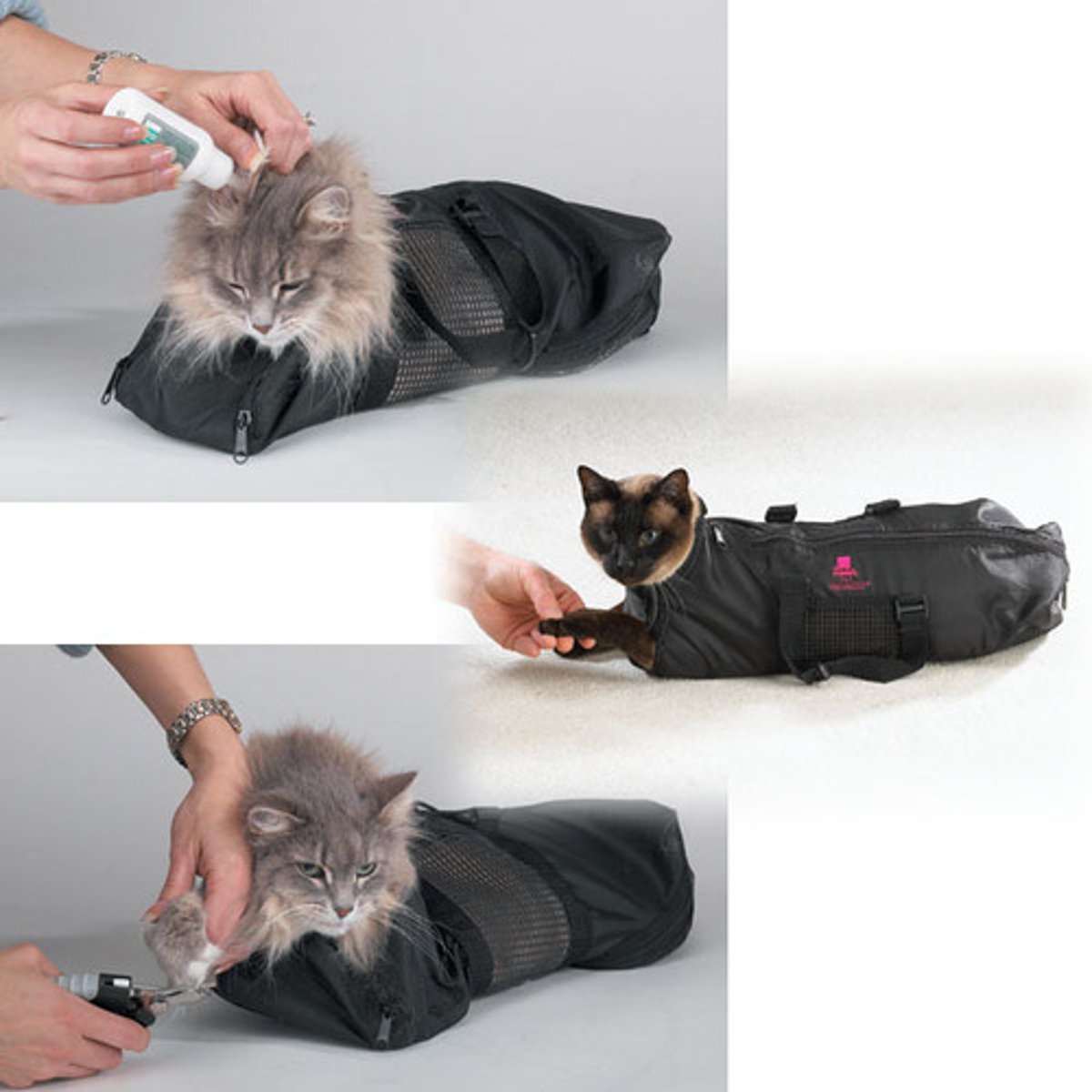 <p>A restraint device designed to enclose a cat's body while providing access to treatment sites</p>
