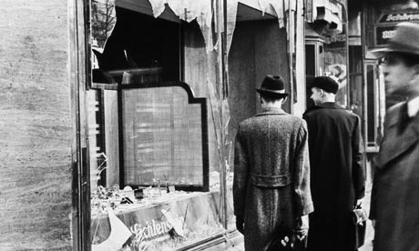 <p>(Night of the Broken Glass) November 9, 1938, when mobs throughout Germany destroyed Jewish property and terrorized Jews.</p>