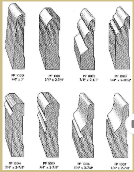 <p>Types of wood mouldings are:</p><p>a. crown</p><p>b. bed</p><p>c. cove</p><p>d. quarter-round</p><p>e. half-round</p><p>f. nose and cove</p><p>g. stop</p><p>h. astragal</p><p>i. Screen moulding</p><p>j. panel strip</p><p>k. picture moulding</p>