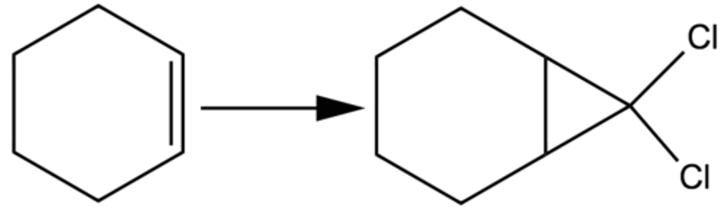 <p>double bond forms triangle, two chlorines added to tip of it</p>