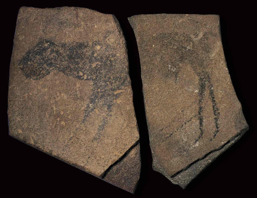<p><strong>Apollo 11 Stones</strong></p><p>Prehistoric African</p><p>Namibia</p><p>25,000-25,300 BCE</p><p>Charcoal on stone</p>