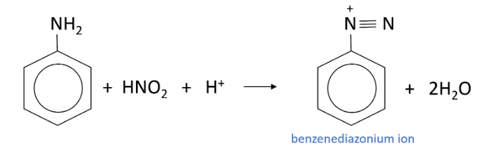 <p>A Benezenediazonium ion is formed with water</p>